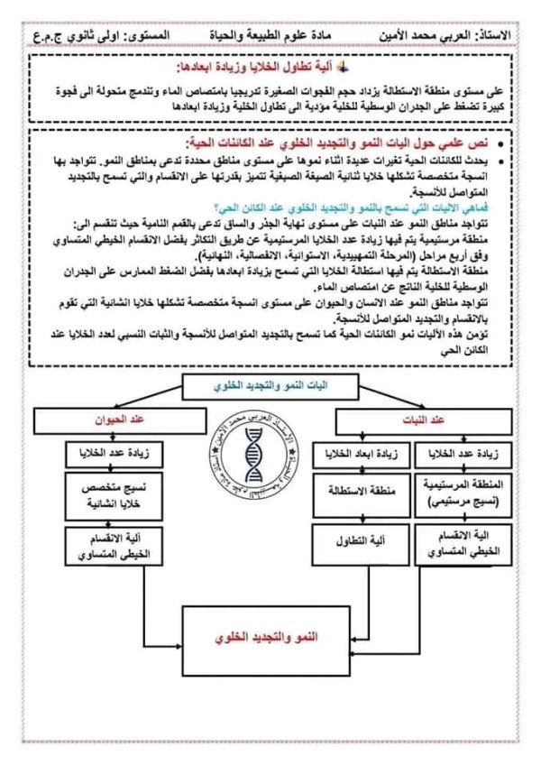 ملخص الدرس الاول: اليات النمو والتجديد الخلوي عند الكائن الحي اولى ثانوي .آليات النمو عند النبات 1 ثانوي علمي