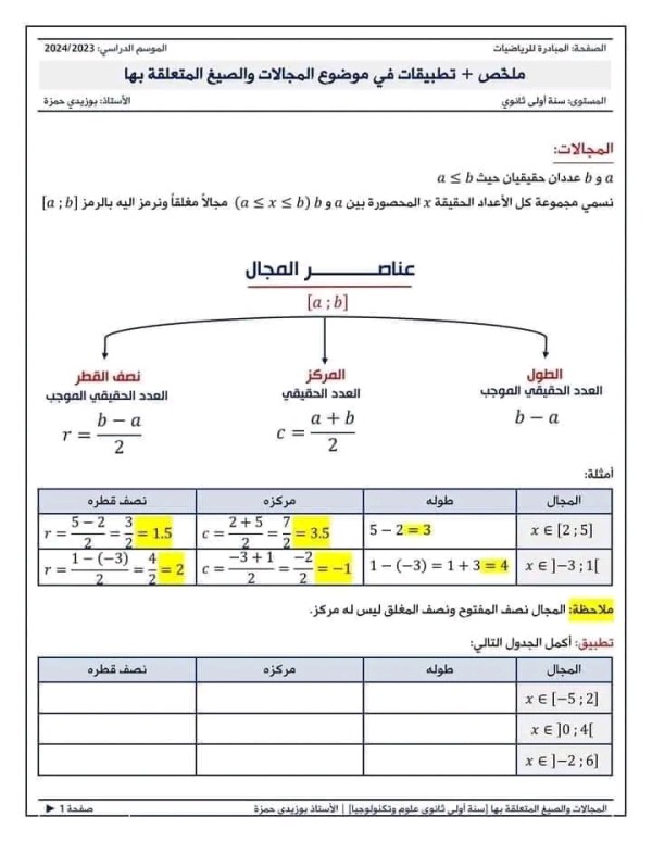 ملخص درس المجالات الحصر المسافة والقيمة المطلقة مخطط وامثلة توضيحية وتطبيقات رياضيات سنة اولى ثانوي علمي