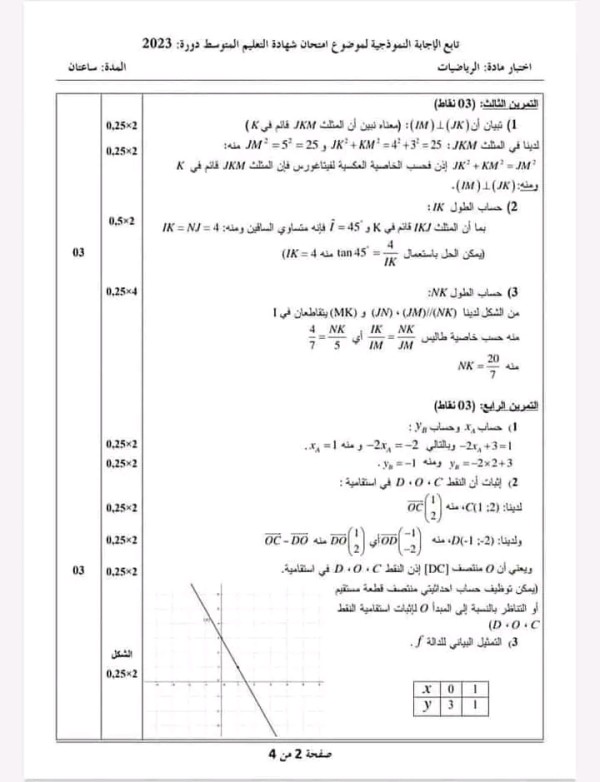 حل امتحان شهادة التعليم المتوسط دورة 2023 مادة الرياضيات التصحيح النموذجي الوزاري مع سلم التنقيط